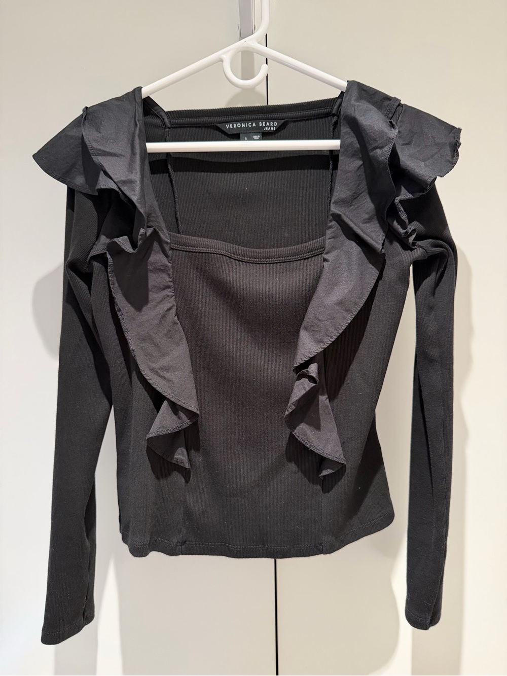 Veronica Beard Black Long-Sleeve Gidea Ruffle-Trim Top